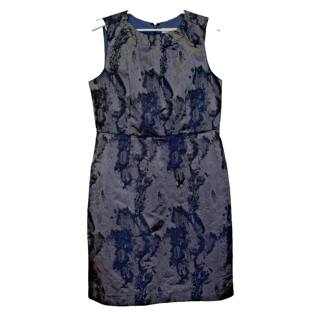 Ann Taylor Loft Sheath Dress Womens Sz 14 Gray Print Sleeveless Pleated Neckline